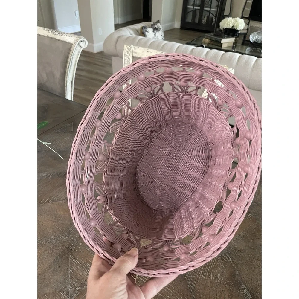 Vintage  Pink Beaded Wicker Rattan Woven Waste Basket Trash Can Bin